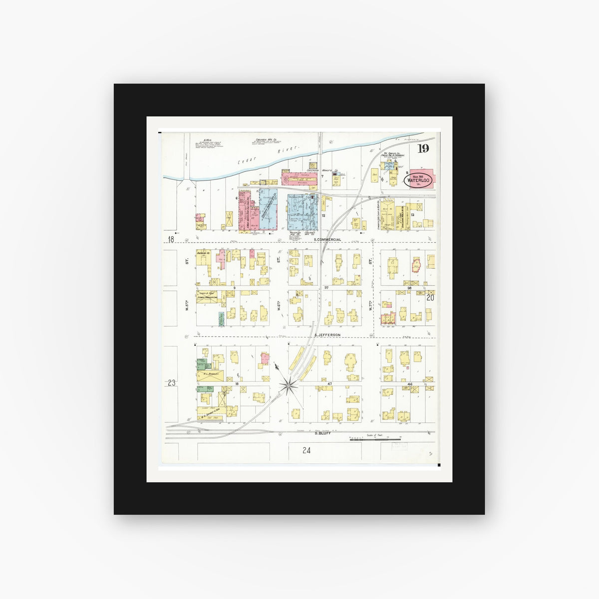 Old map wall art mockup — black gallery frame with white mat — Sanborn Fire Insurance Map from Waterloo, Black Hawk County, Iowa (1906), Sheet #0019