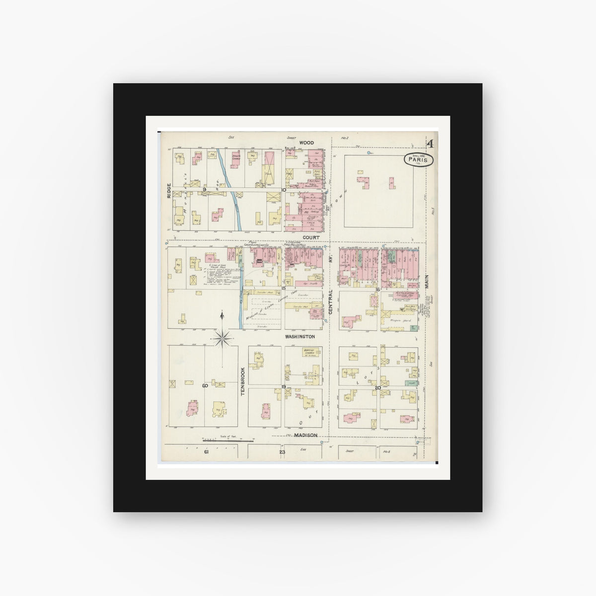 Old map wall art mockup — black gallery frame with white mat — Sanborn Fire Insurance Map from Paris, Edgar County, Illinois (1890), Sheet #0004