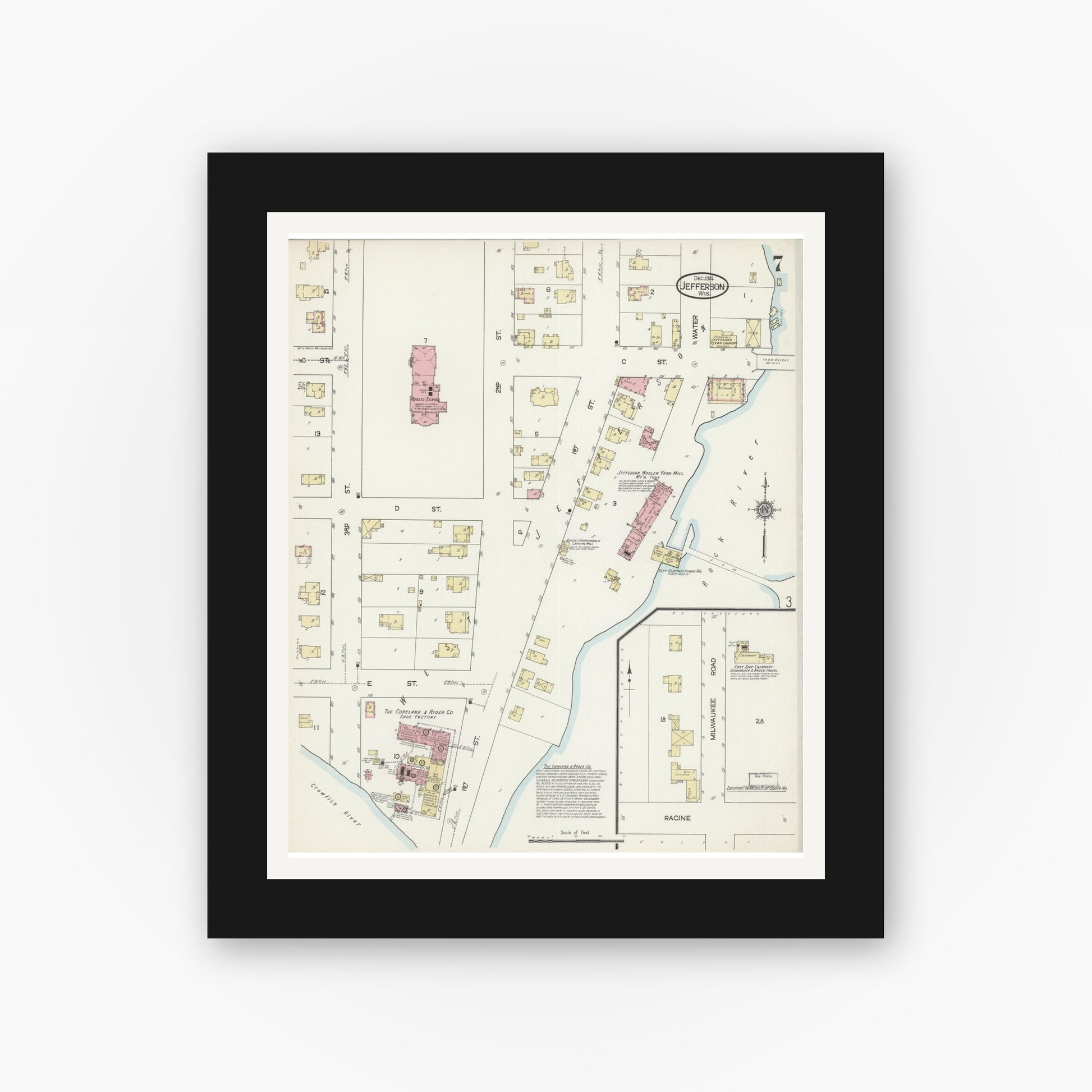 Old map wall art mockup — black gallery frame with white mat — Sanborn Fire Insurance Map from Jefferson, Jefferson County, Wisconsin (1914), Sheet #0007