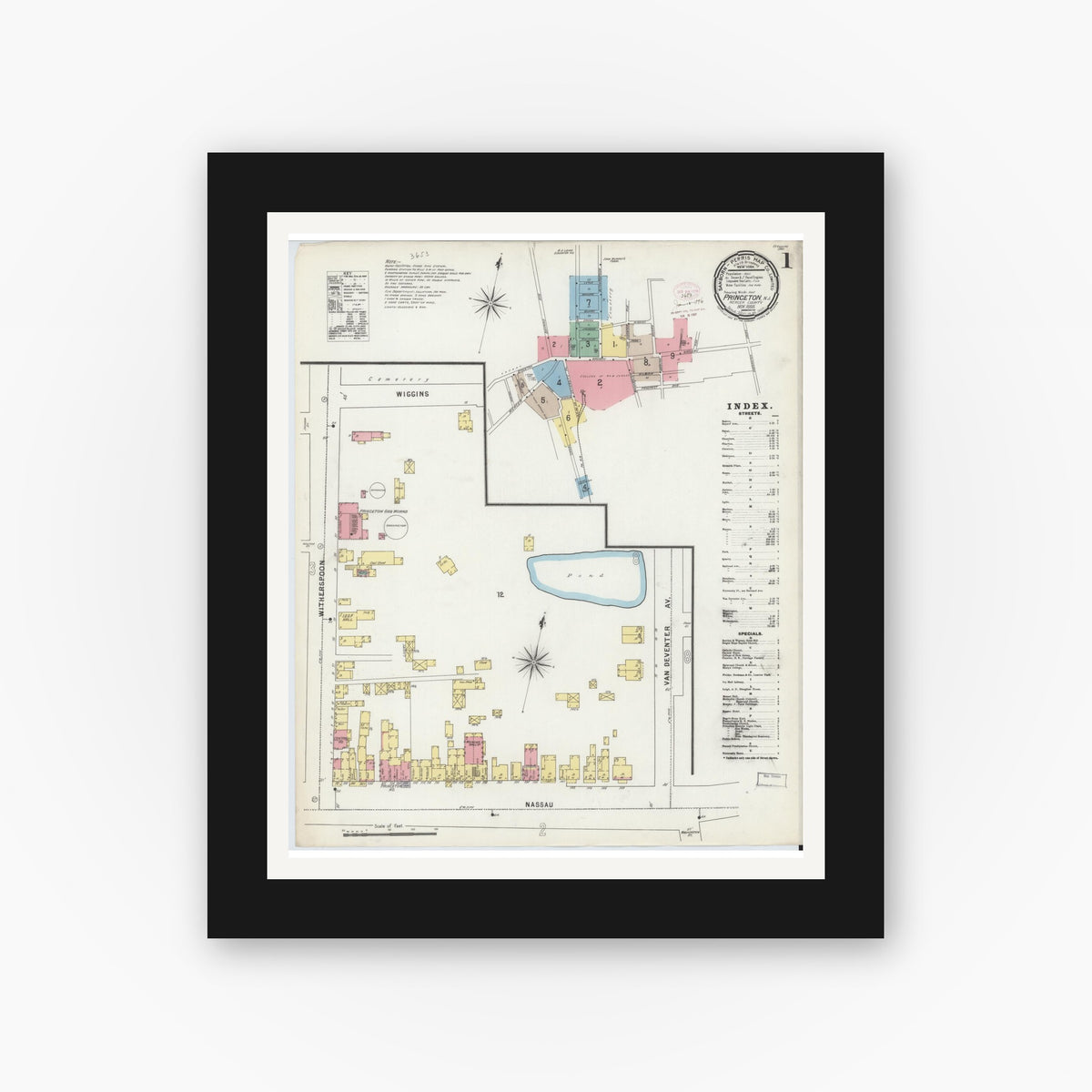 Old map wall art mockup — black gallery frame with white mat — Sanborn Fire Insurance Map from Princeton, Mercer County, New Jersey (1895), Sheet #0001