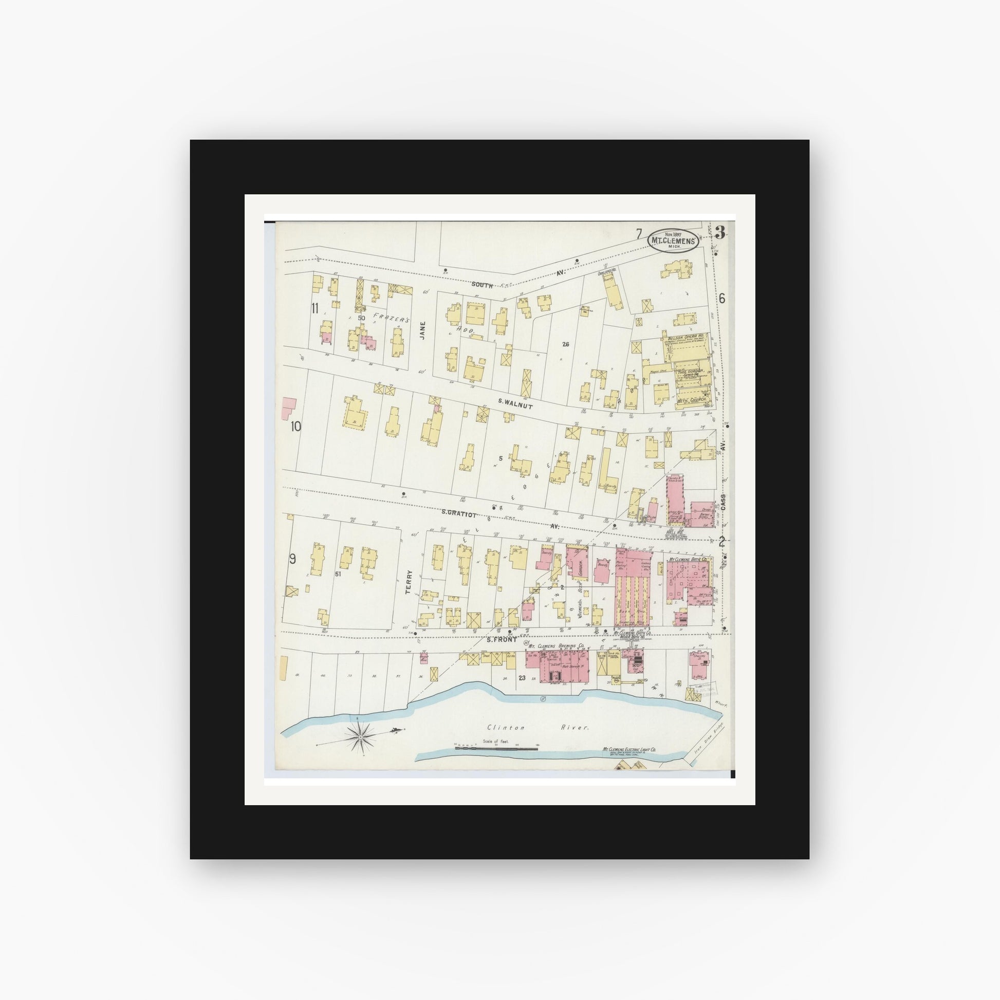 Old map wall art mockup — black gallery frame with white mat — Sanborn Fire Insurance Map from Mount Clemens, Macomb County, Michigan (1897), Sheet #0003