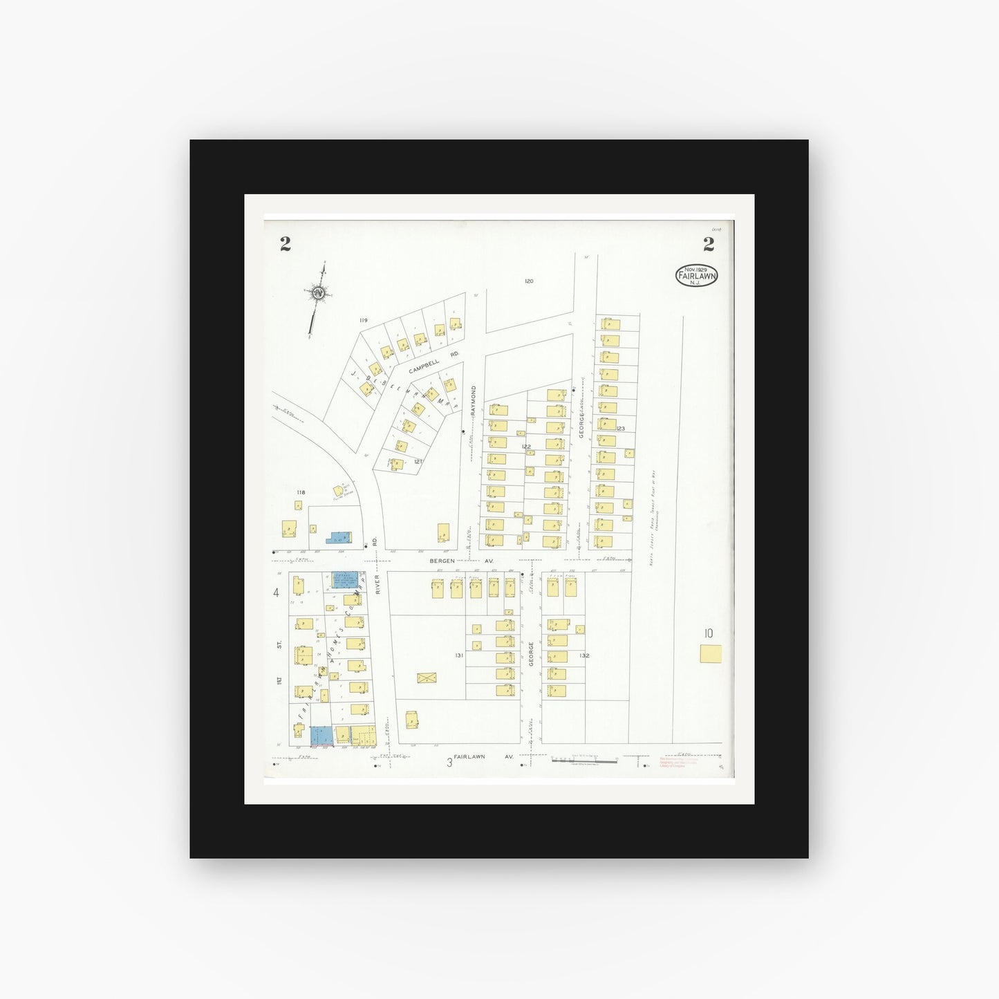 Old map wall art mockup — black gallery frame with white mat — Sanborn Fire Insurance Map from Fair Lawn, Bergen County, New Jersey (1929), Sheet #0002