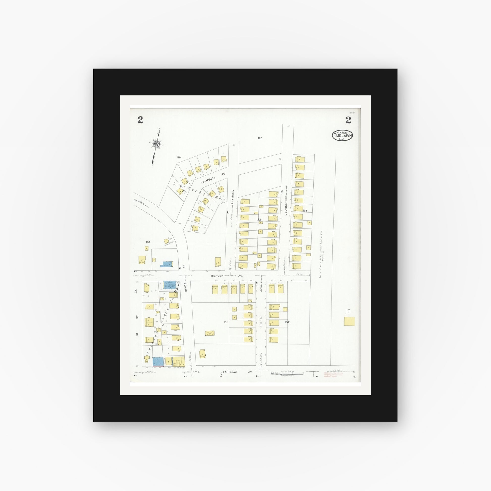 Old map wall art mockup — black gallery frame with white mat — Sanborn Fire Insurance Map from Fair Lawn, Bergen County, New Jersey (1929), Sheet #0002