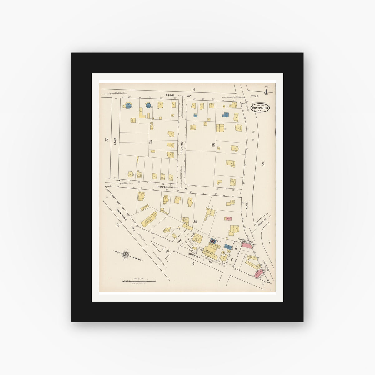 Old map wall art mockup — black gallery frame with white mat — Sanborn Fire Insurance Map from Huntington, Suffolk County, New York (1922), Sheet #0004