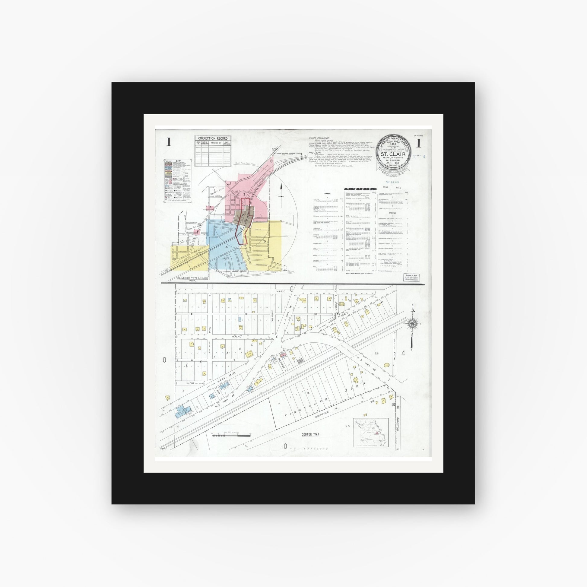 Old map wall art mockup — black gallery frame with white mat — Sanborn Fire Insurance Map from Saint Clair, Franklin County, Missouri (1950), Sheet #0001