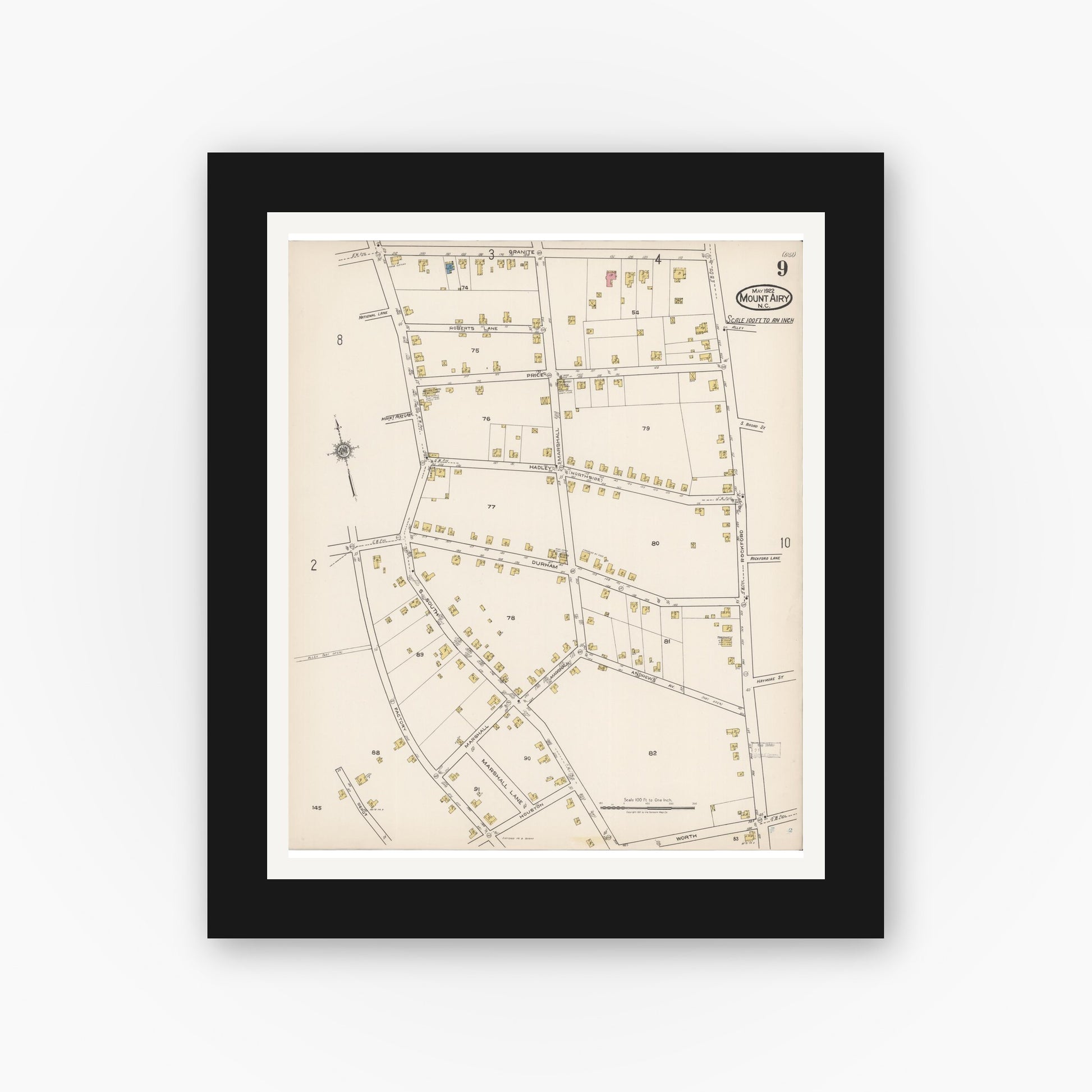Old map wall art mockup — black gallery frame with white mat — Sanborn Fire Insurance Map from Mount Airy, Surry County, North Carolina (1922), Sheet #0009