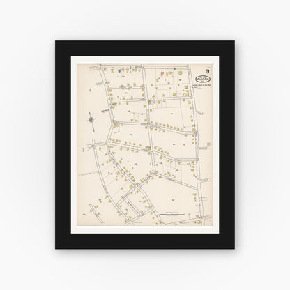 Old map wall art mockup — black gallery frame with white mat — Sanborn Fire Insurance Map from Mount Airy, Surry County, North Carolina (1922), Sheet #0009