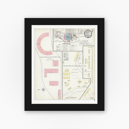Old map wall art mockup — black gallery frame with white mat — Sanborn Fire Insurance Map from Princeton, Gibson County, Indiana (1892) - Complete Map Set