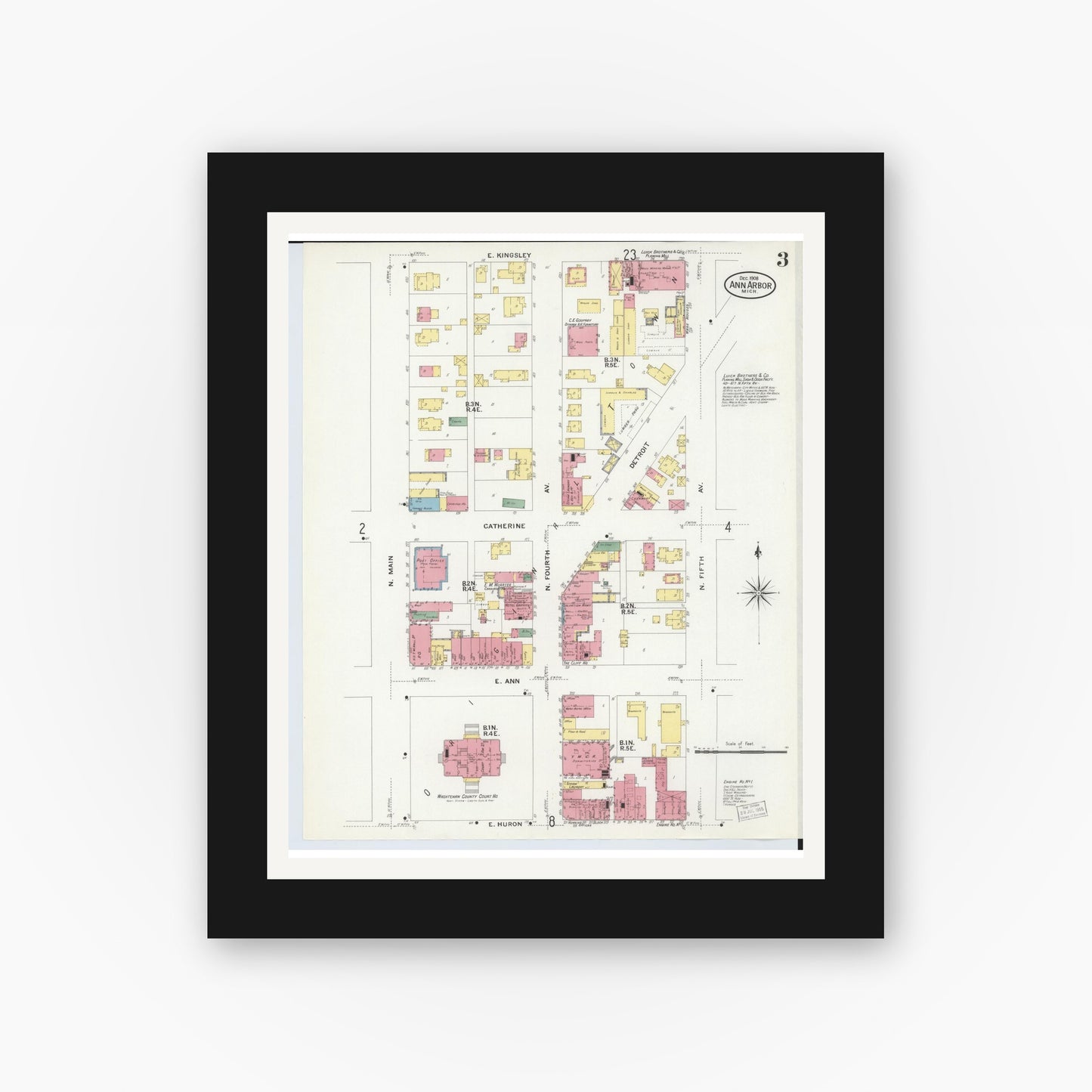 Old map wall art mockup — black gallery frame with white mat — Sanborn Fire Insurance Map from Ann Arbor, Washtenaw County, Michigan (1908), Sheet #0003