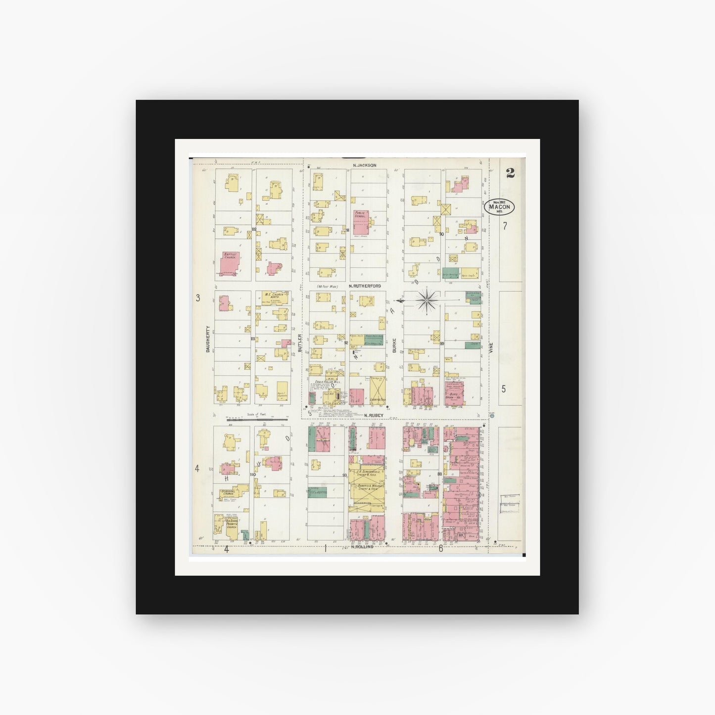 Old map wall art mockup — black gallery frame with white mat — Sanborn Fire Insurance Map from Macon, Macon County, Missouri (1902), Sheet #0002