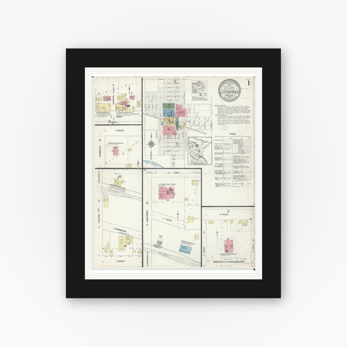 Old map wall art mockup — black gallery frame with white mat — Sanborn Fire Insurance Map from Litchfield, Meeker County, Minnesota (1913), Sheet #0001