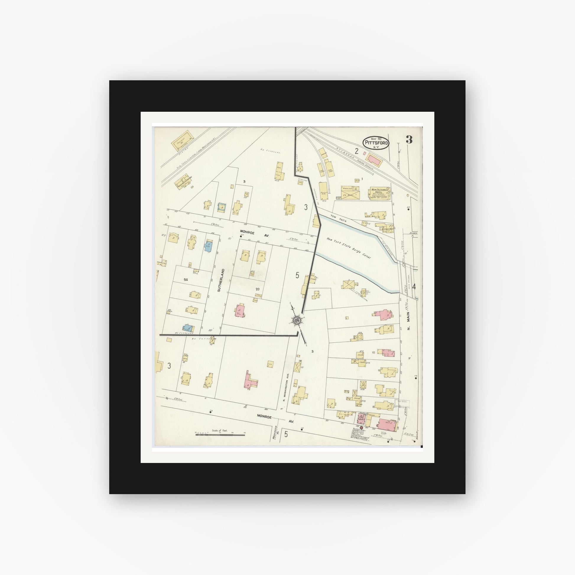 Old map wall art mockup — black gallery frame with white mat — Sanborn Fire Insurance Map from Pittsford, Monroe County, New York (1912), Sheet #0003
