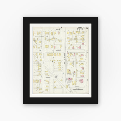 Old map wall art mockup — black gallery frame with white mat — Sanborn Fire Insurance Map from Rushville, Rush County, Indiana (1896), Sheet #0005
