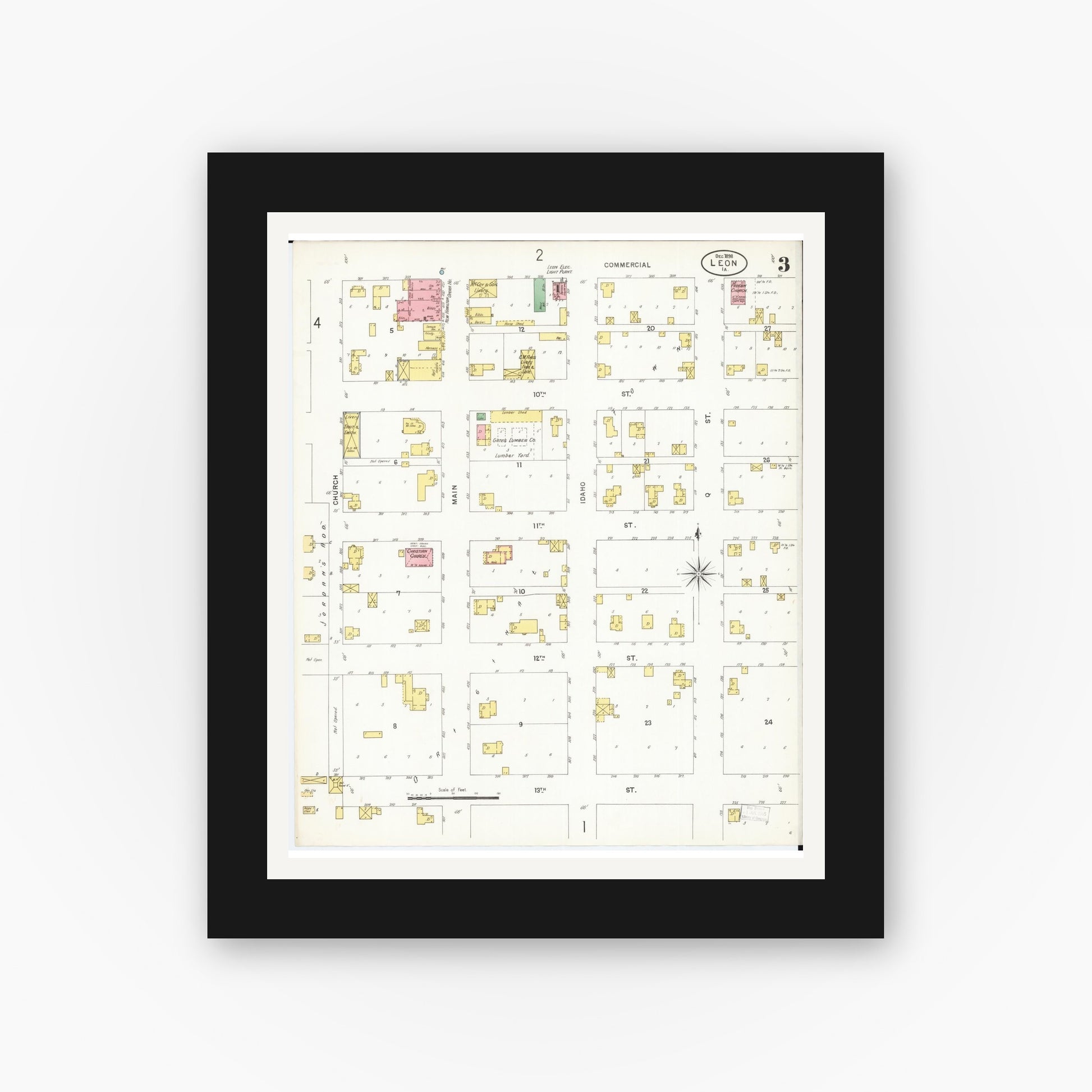 Old map wall art mockup — black gallery frame with white mat — Sanborn Fire Insurance Map from Leon, Decatur County, Iowa (1898), Sheet #0003