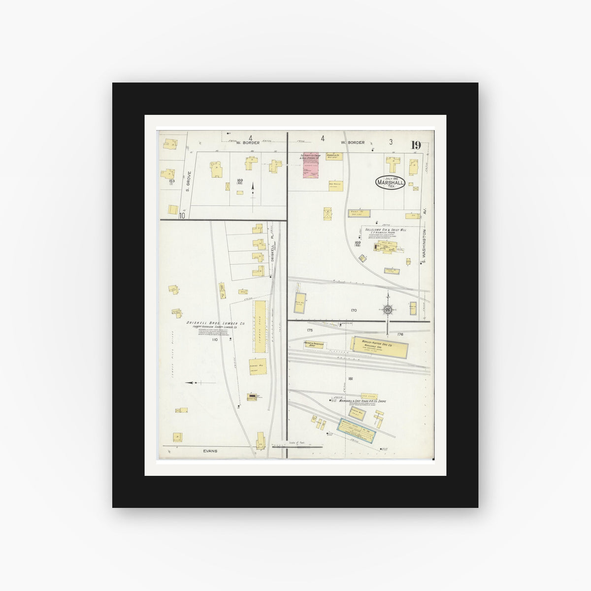 Old map wall art mockup — black gallery frame with white mat — Sanborn Fire Insurance Map from Marshall, Harrison County, Texas (1915), Sheet #0019