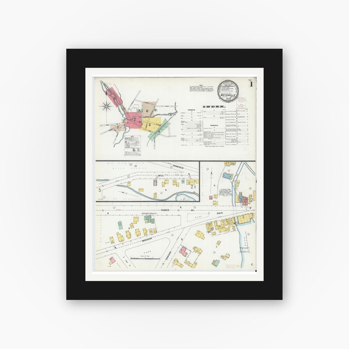 Old map wall art mockup — black gallery frame with white mat — Sanborn Fire Insurance Map from Waterville, Oneida County, New York (1899) - Complete Map Set
