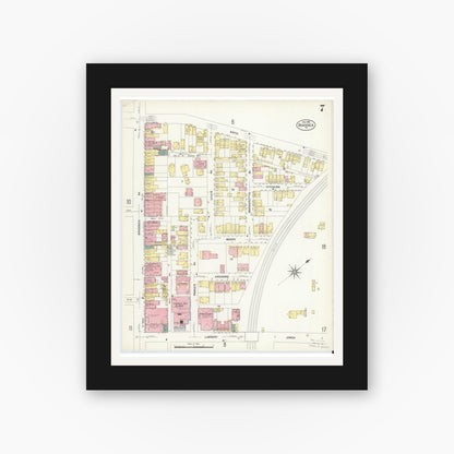 Old map wall art mockup — black gallery frame with white mat — Sanborn Fire Insurance Map from Braddock, Allegheny County, Pennsylvania (1908), Sheet #0007