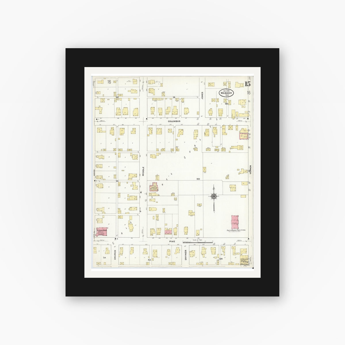 Old map wall art mockup — black gallery frame with white mat — Sanborn Fire Insurance Map from Wabash, Wabash County, Indiana (1910), Sheet #0015