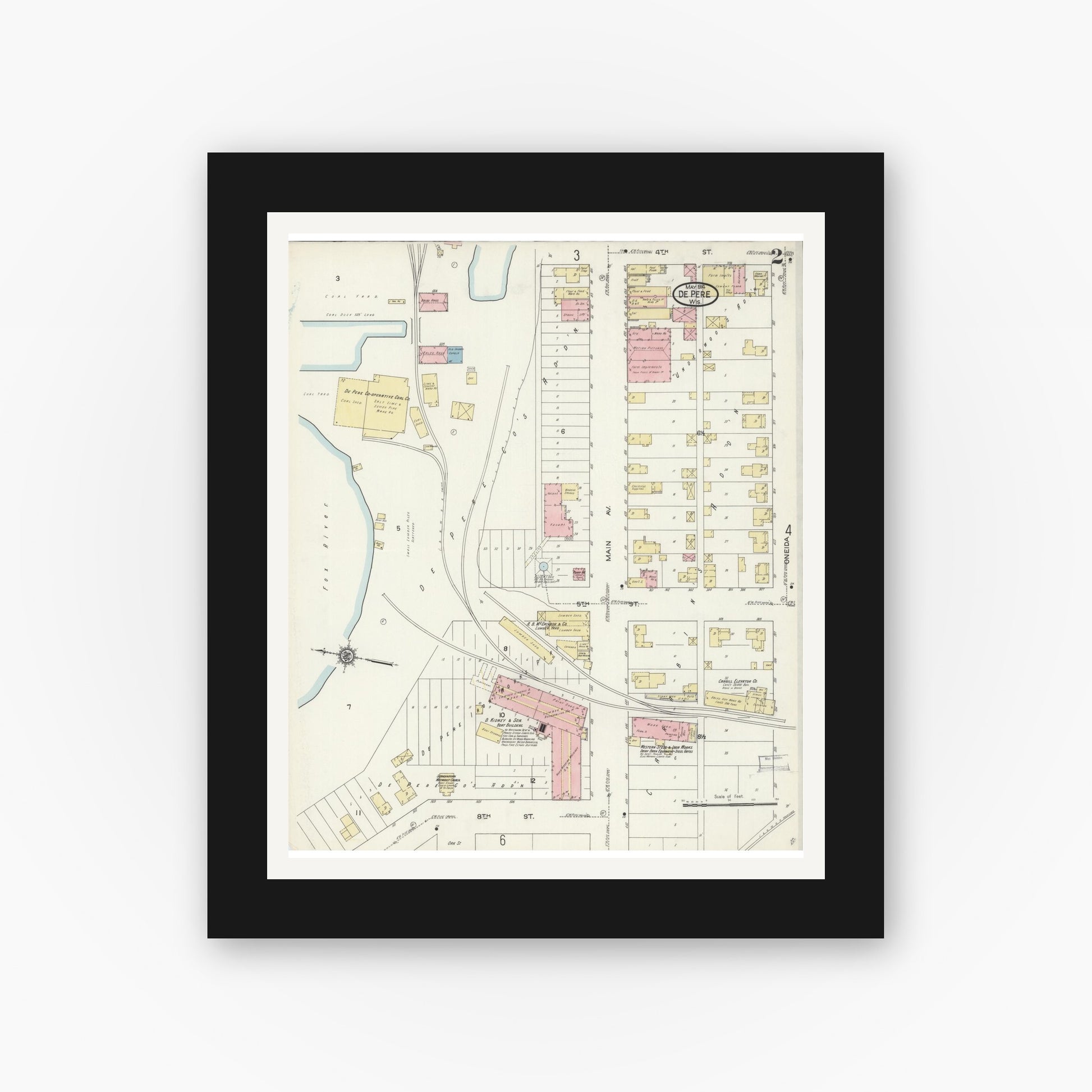 Old map wall art mockup — black gallery frame with white mat — Sanborn Fire Insurance Map from De Pere, Brown County, Wisconsin (1914), Sheet #0002