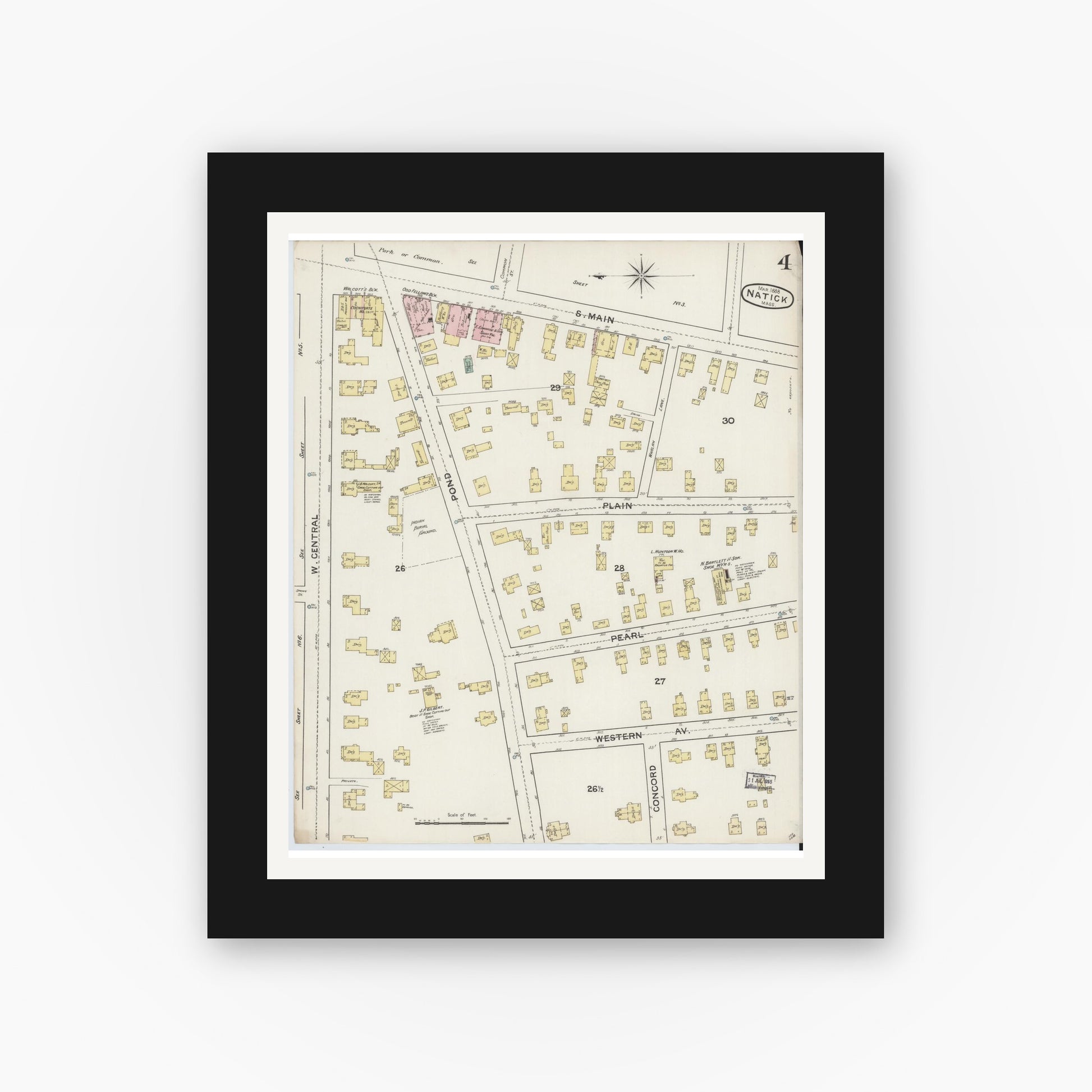 Old map wall art mockup — black gallery frame with white mat — Sanborn Fire Insurance Map from Natick, Middlesex County, Massachusetts (1888), Sheet #0004