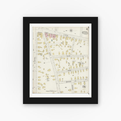 Old map wall art mockup — black gallery frame with white mat — Sanborn Fire Insurance Map from Natick, Middlesex County, Massachusetts (1888), Sheet #0004