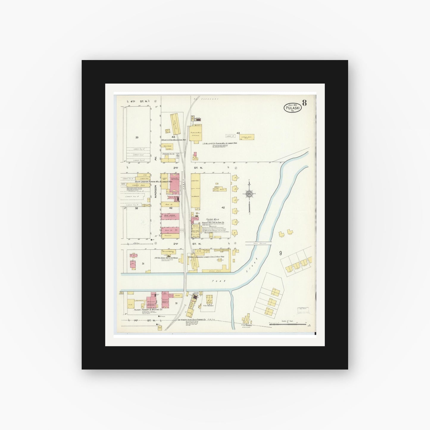 Old map wall art mockup — black gallery frame with white mat — Sanborn Fire Insurance Map from Pulaski, Pulaski County, Virginia (1913), Sheet #0008