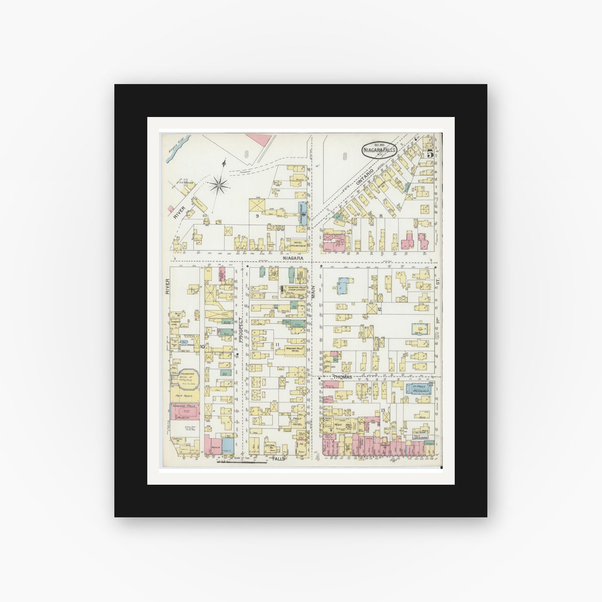 Old map wall art mockup — black gallery frame with white mat — Sanborn Fire Insurance Map from Niagara Falls, Niagara County, New York (1892), Sheet #0005