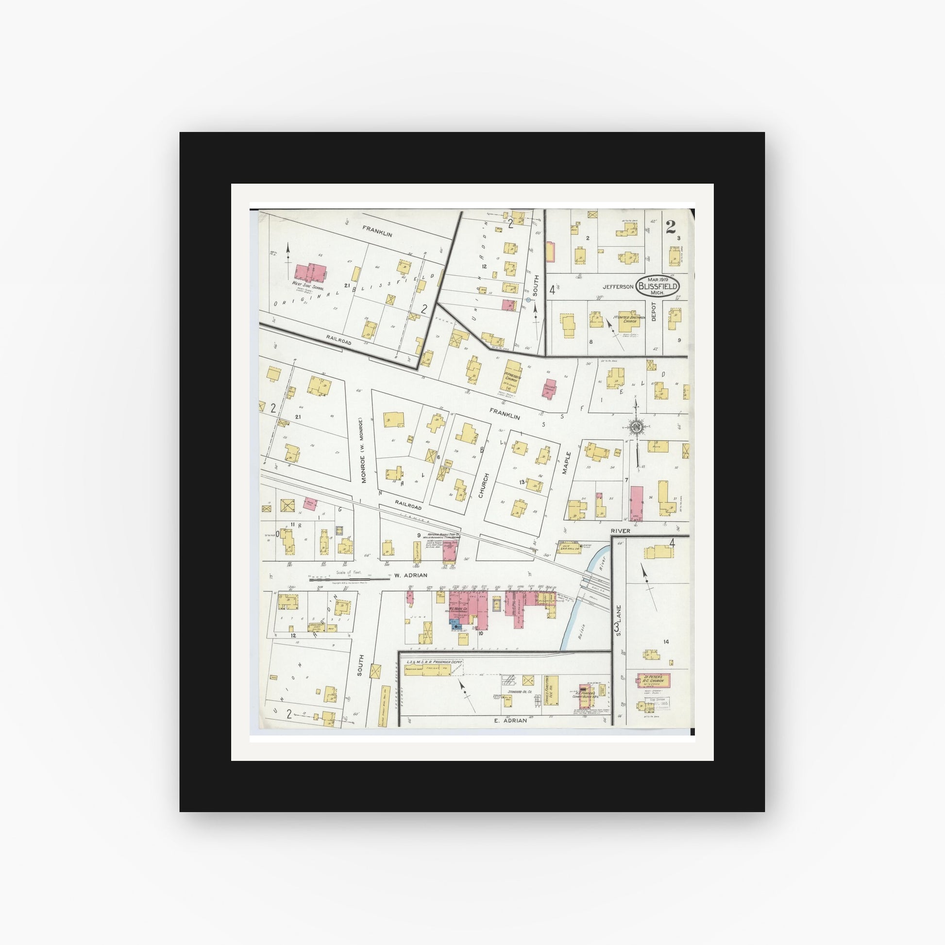 Old map wall art mockup — black gallery frame with white mat — Sanborn Fire Insurance Map from Blissfield, Lenawee County, Michigan (1919), Sheet #0002