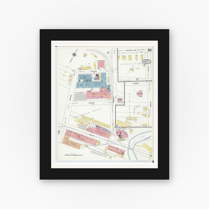 Old map wall art mockup — black gallery frame with white mat — Sanborn Fire Insurance Map from Pontiac, Oakland County, Michigan (1909), Sheet #0016
