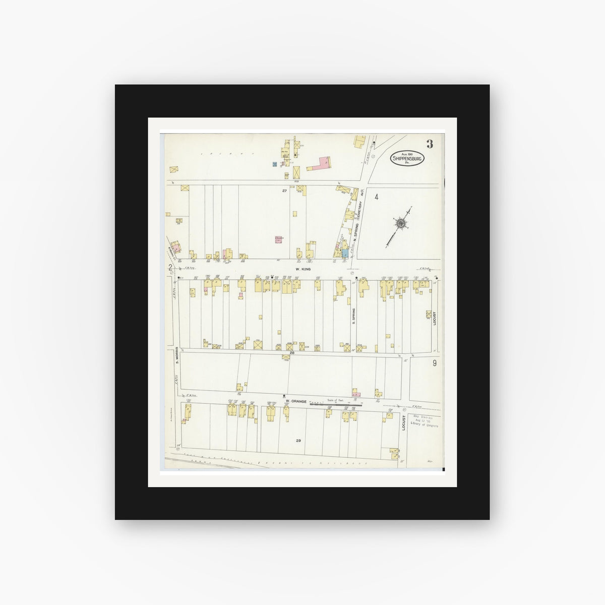 Old map wall art mockup — black gallery frame with white mat — Sanborn Fire Insurance Map from Shippensburg, Cumberland And Franklin Counties, Pennsylvania (1910), Sheet #0003