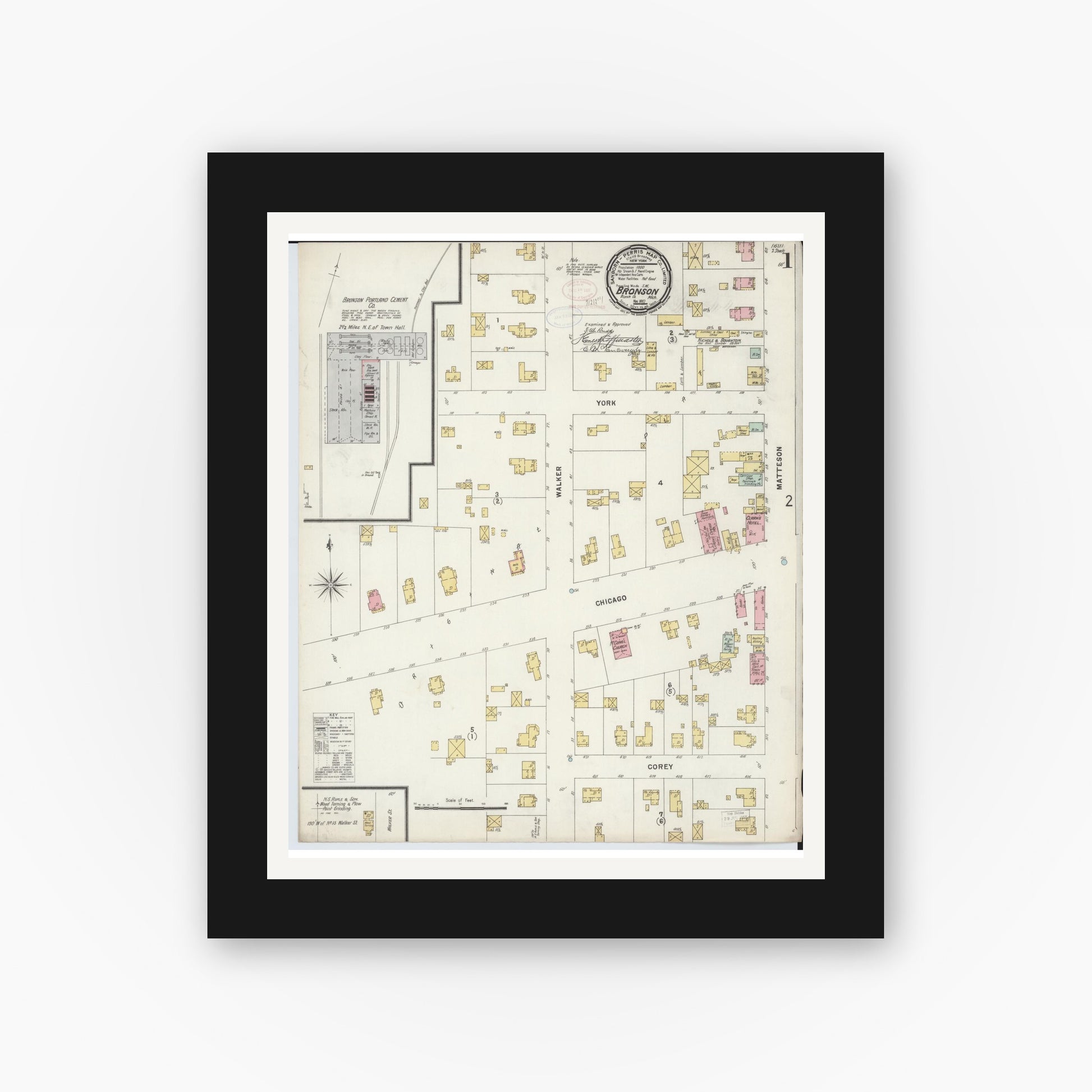 Old map wall art mockup — black gallery frame with white mat — Sanborn Fire Insurance Map from Bronson, Branch County, Michigan (1897), Sheet #0001