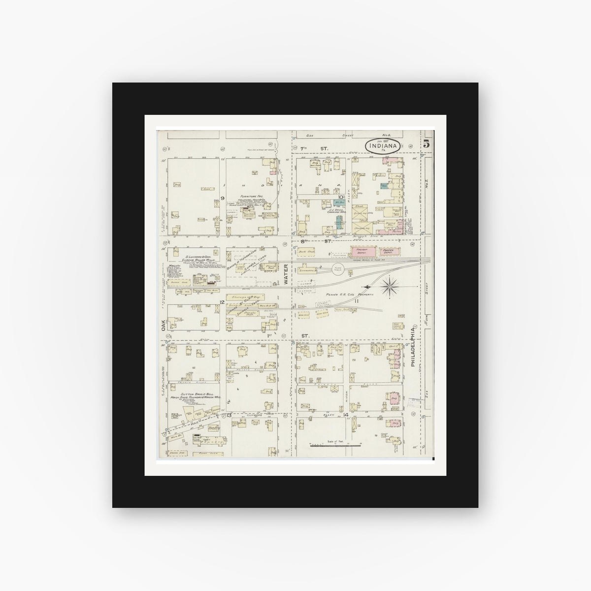 Old map wall art mockup — black gallery frame with white mat — Sanborn Fire Insurance Map from Indiana, Indiana County, Pennsylvania (1887), Sheet #0005