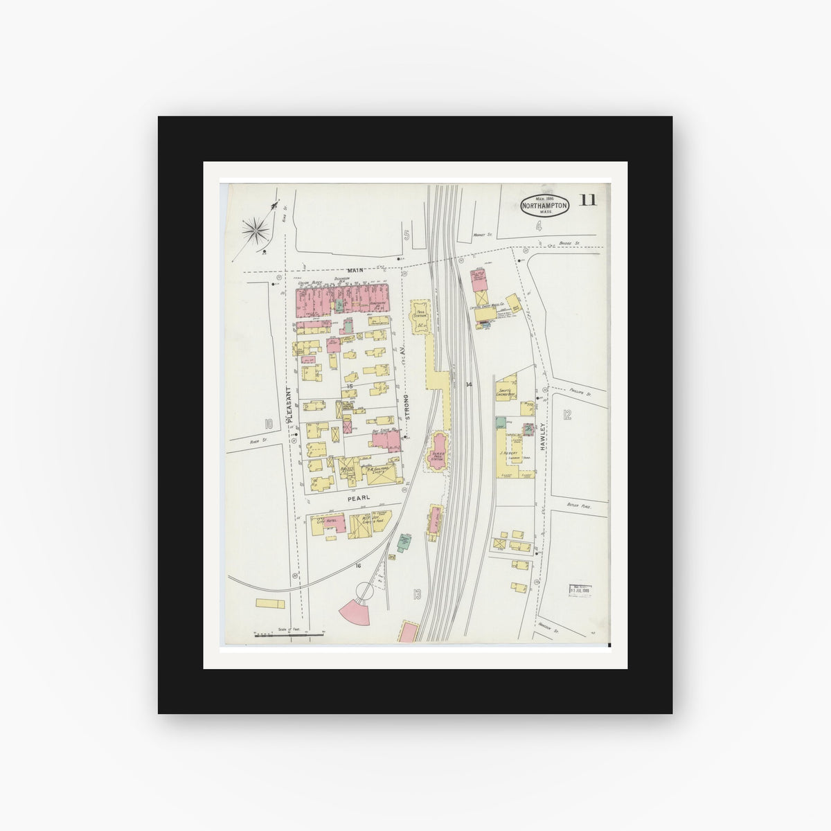 Old map wall art mockup — black gallery frame with white mat — Sanborn Fire Insurance Map from Northampton, Hampshire County, Massachusetts (1895), Sheet #0011