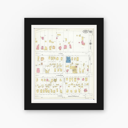 Old map wall art mockup — black gallery frame with white mat — Sanborn Fire Insurance Map from Paris, Edgar County, Illinois (1916), Sheet #0012