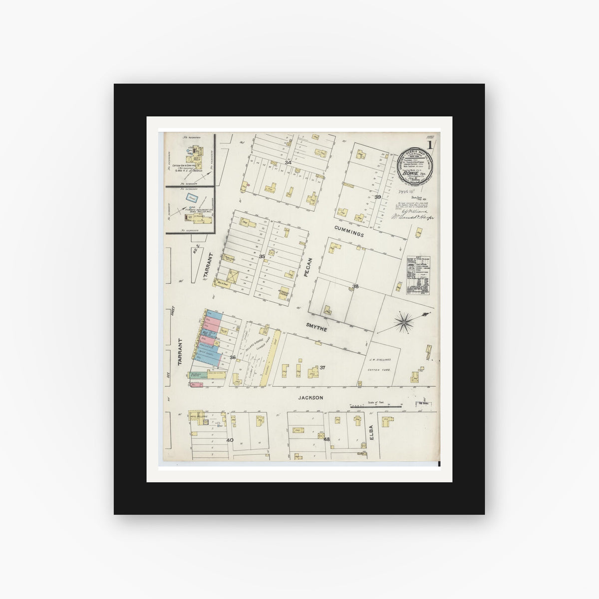 Old map wall art mockup — black gallery frame with white mat — Sanborn Fire Insurance Map from Bowie, Montague County, Texas (1891) - Complete Map Set