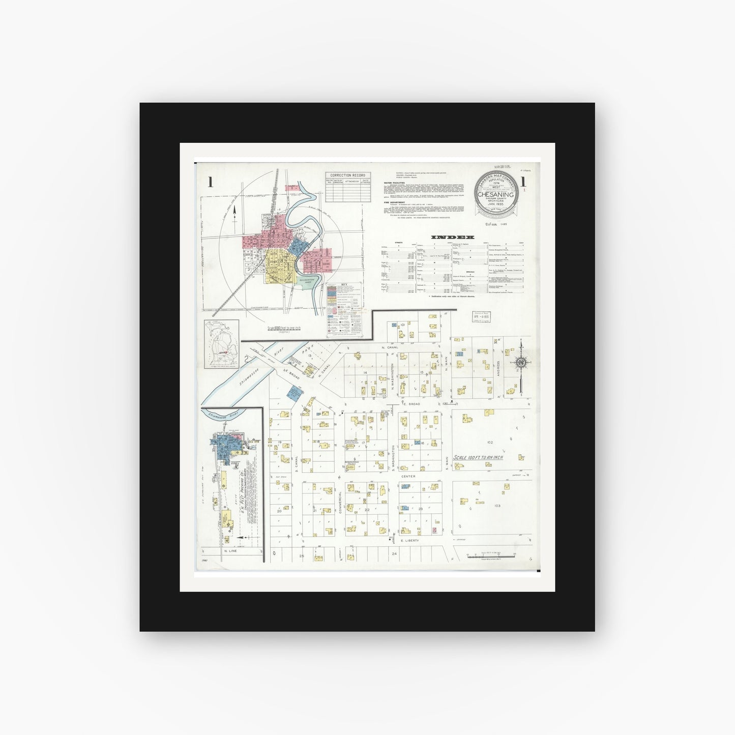 Old map wall art mockup — black gallery frame with white mat — Sanborn Fire Insurance Map from Chesaning, Saginaw County, Michigan (1935) - Complete Map Set