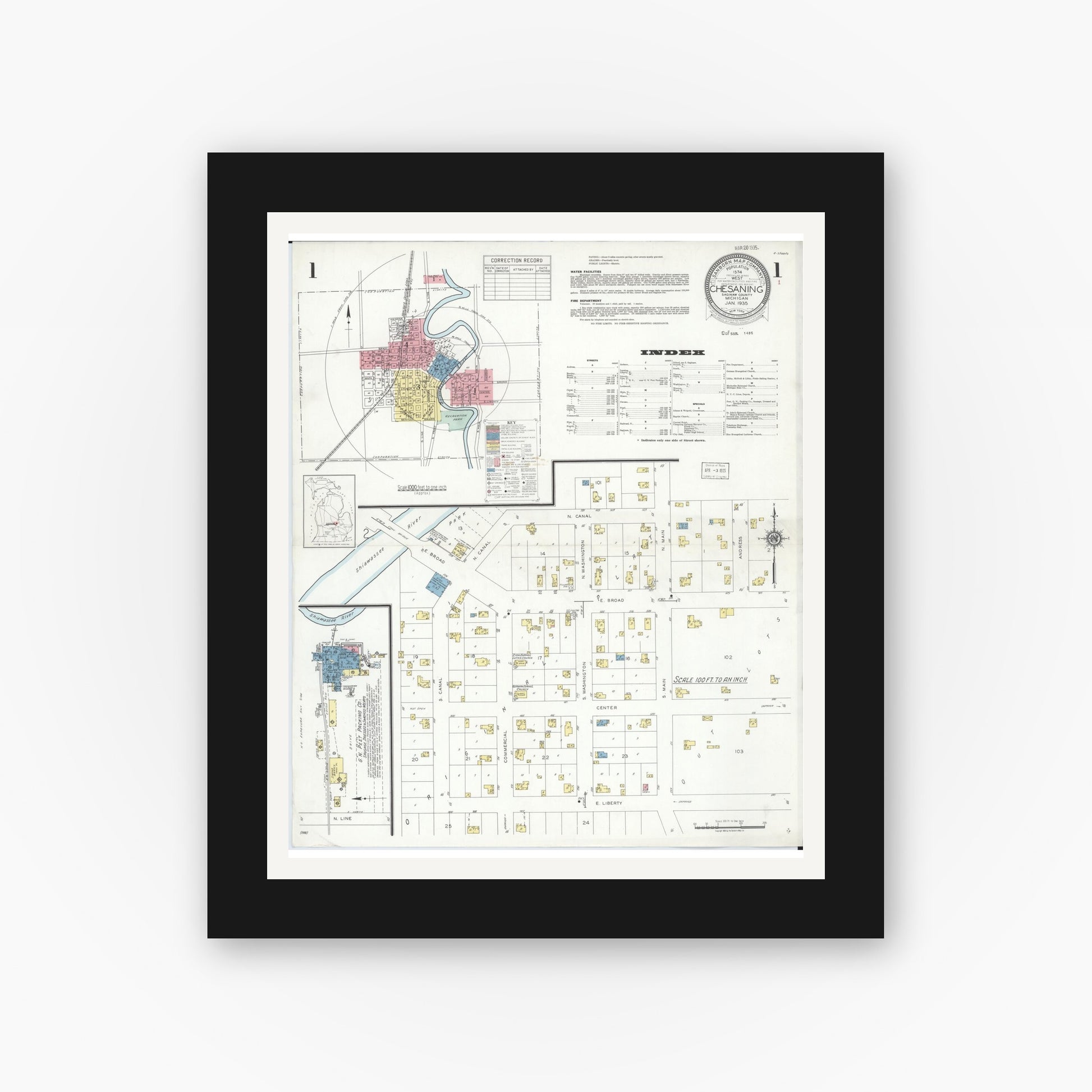 Old map wall art mockup — black gallery frame with white mat — Sanborn Fire Insurance Map from Chesaning, Saginaw County, Michigan (1935) - Complete Map Set