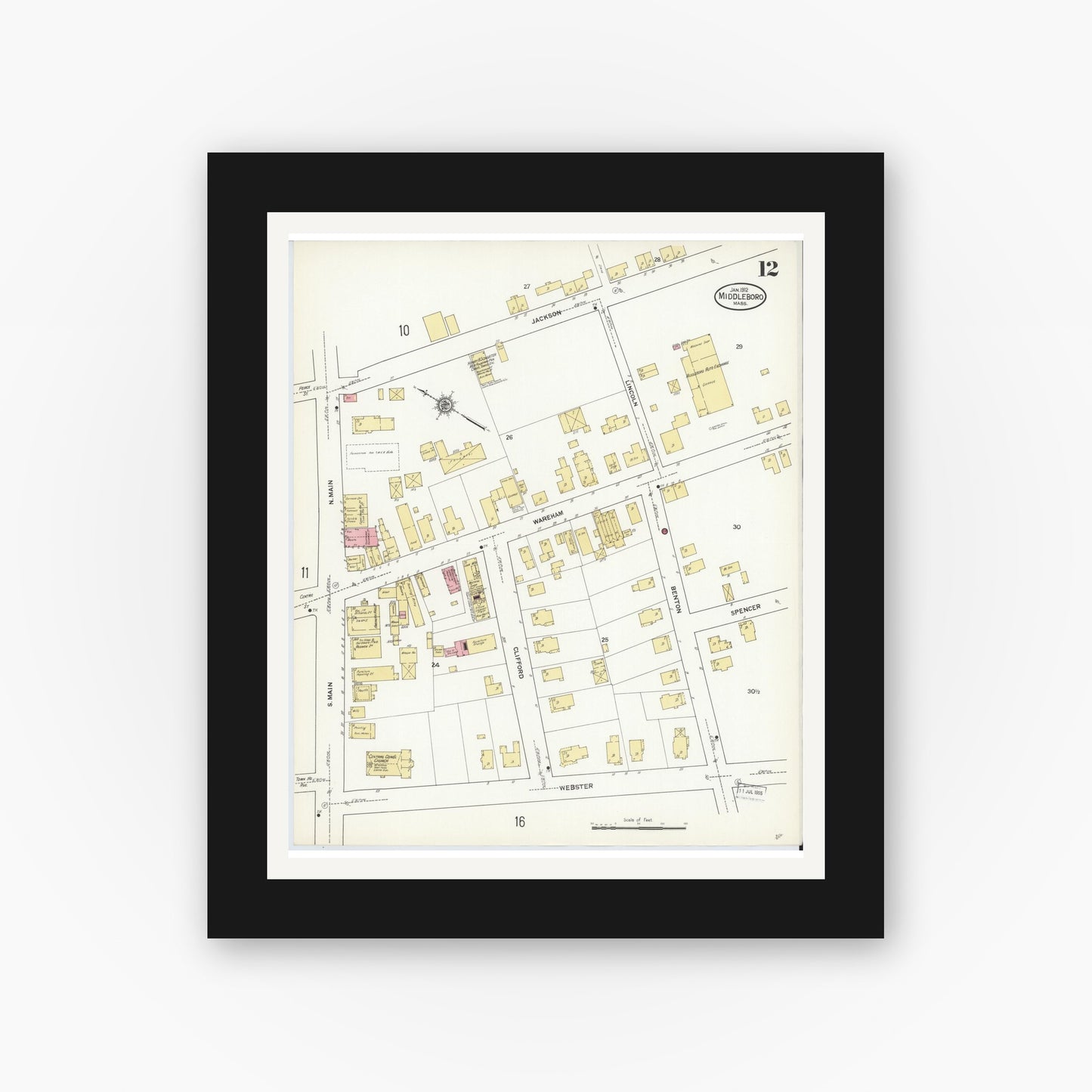 Old map wall art mockup — black gallery frame with white mat — Sanborn Fire Insurance Map from Middleboro, Plymouth County, Massachusetts (1912), Sheet #0012
