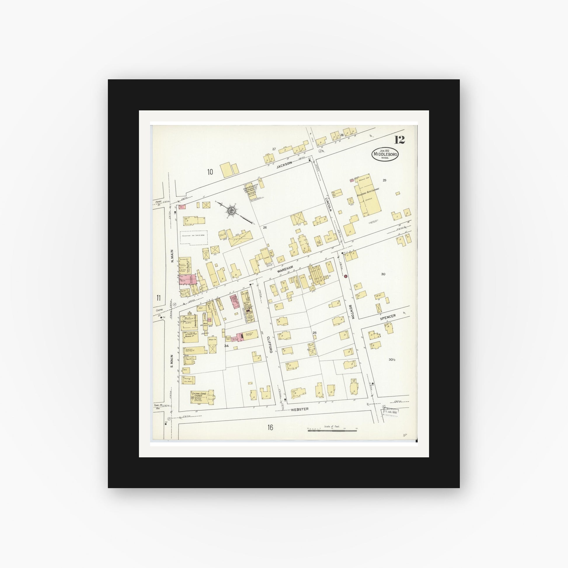 Old map wall art mockup — black gallery frame with white mat — Sanborn Fire Insurance Map from Middleboro, Plymouth County, Massachusetts (1912), Sheet #0012