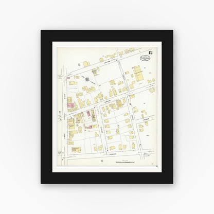 Old map wall art mockup — black gallery frame with white mat — Sanborn Fire Insurance Map from Middleboro, Plymouth County, Massachusetts (1912), Sheet #0012