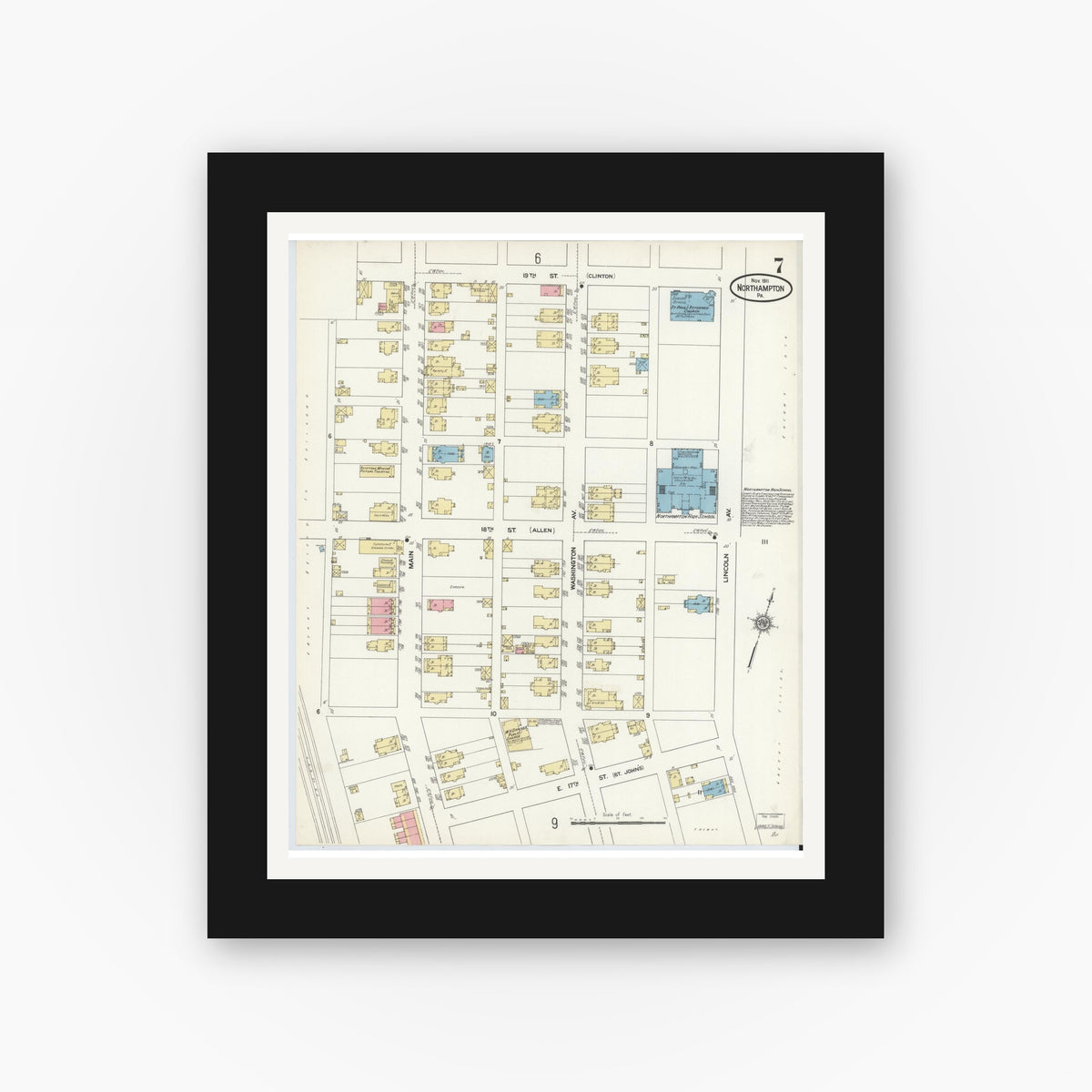 Old map wall art mockup — black gallery frame with white mat — Sanborn Fire Insurance Map from Northampton, Northampton County, Pennsylvania (1911), Sheet #0007