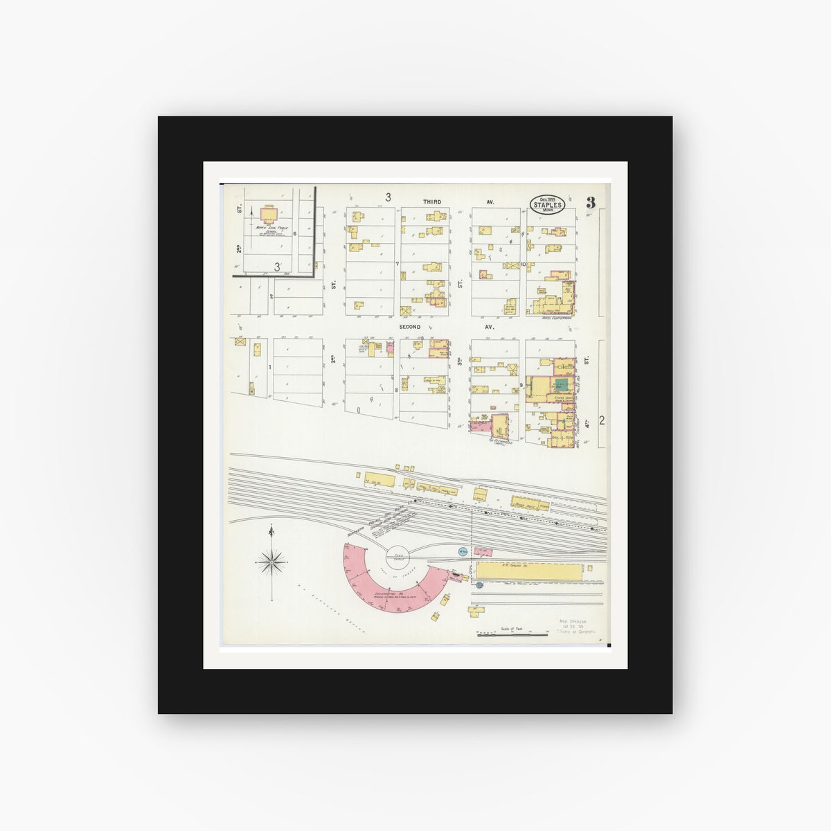 Old map wall art mockup — black gallery frame with white mat — Sanborn Fire Insurance Map from Staples, Todd County, Minnesota (1899), Sheet #0003