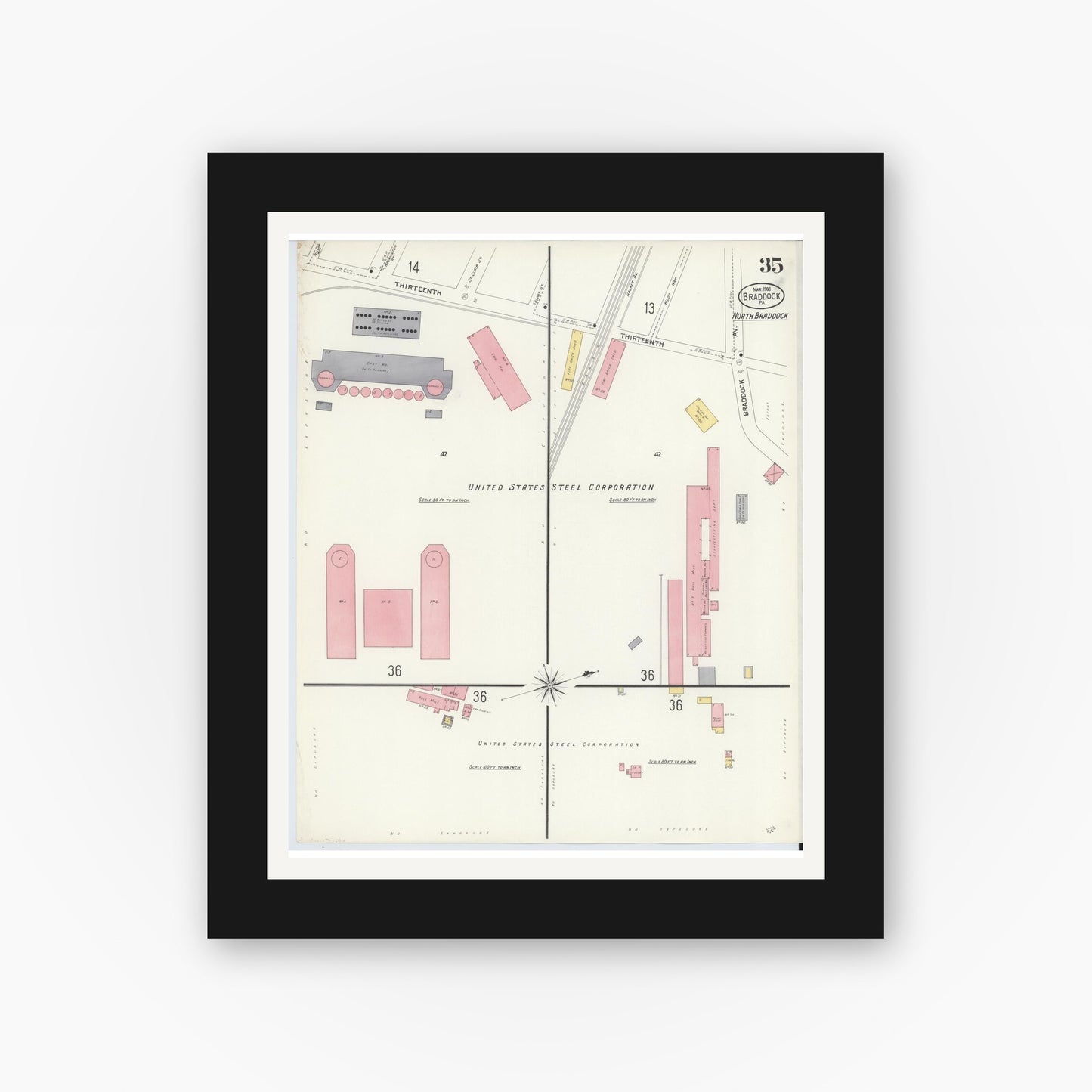 Old map wall art mockup — black gallery frame with white mat — Sanborn Fire Insurance Map from Braddock, Allegheny County, Pennsylvania (1908), Sheet #0035
