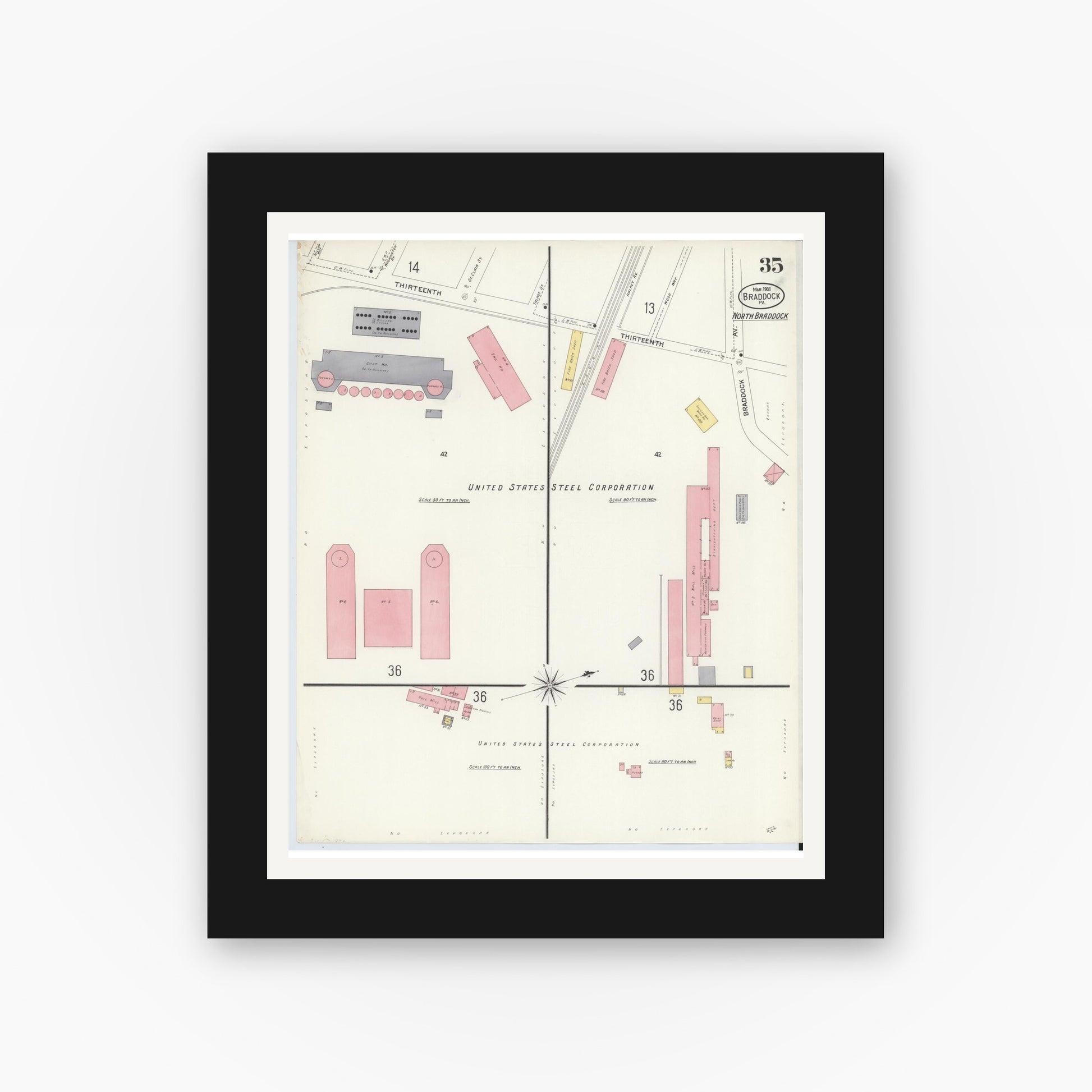 Old map wall art mockup — black gallery frame with white mat — Sanborn Fire Insurance Map from Braddock, Allegheny County, Pennsylvania (1908), Sheet #0035