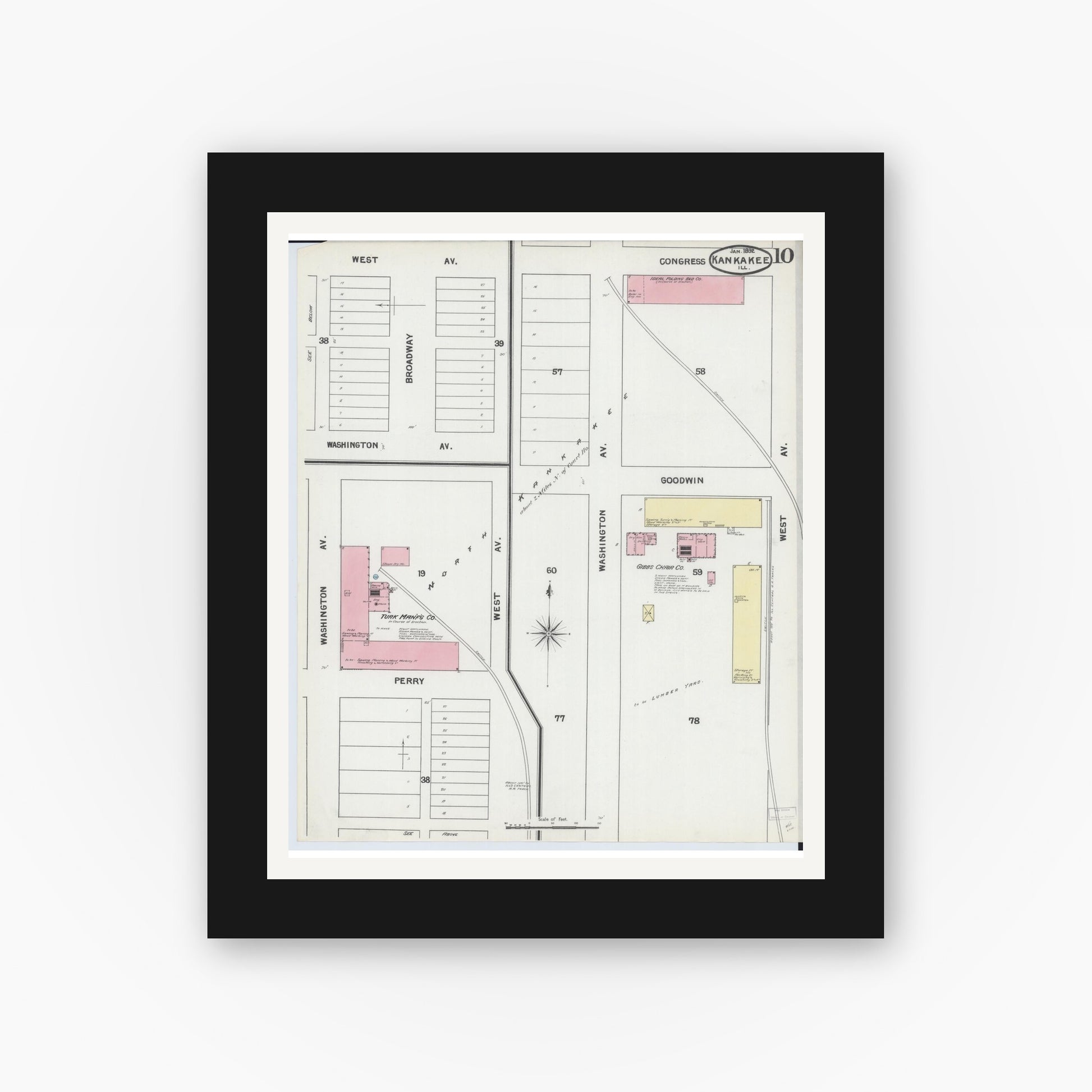 Old map wall art mockup — black gallery frame with white mat — Sanborn Fire Insurance Map from Kankakee, Kankakee County, Illinois (1892), Sheet #0010