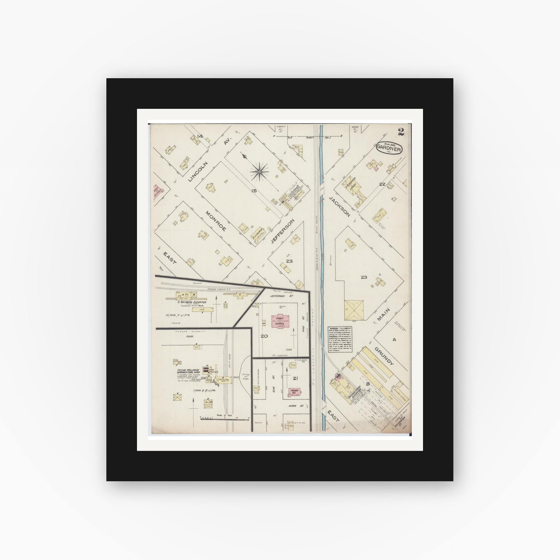 Old map wall art mockup — black gallery frame with white mat — Sanborn Fire Insurance Map from Gardner, Grundy County, Illinois (1885), Sheet #0002