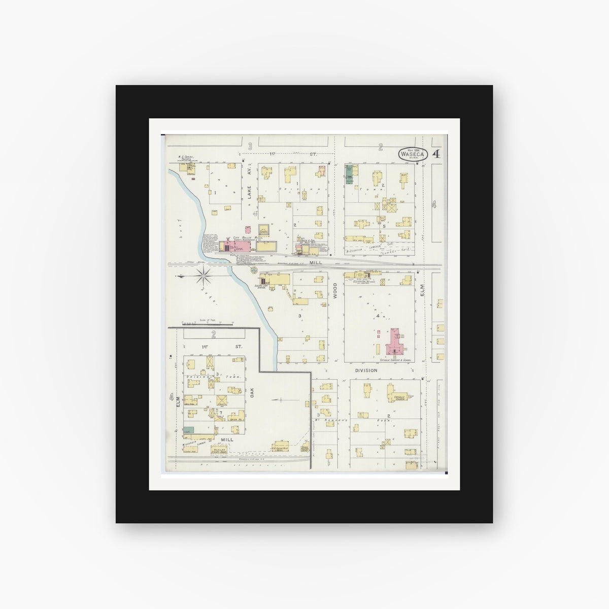 Old map wall art mockup — black gallery frame with white mat — Sanborn Fire Insurance Map from Waseca, Waseca County, Minnesota (1894), Sheet #0004