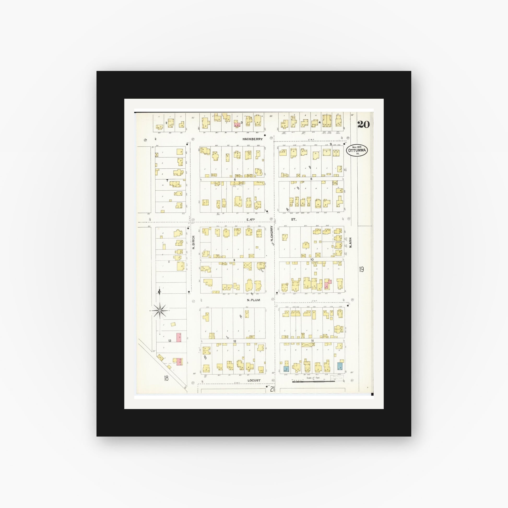 Old map wall art mockup — black gallery frame with white mat — Sanborn Fire Insurance Map from Ottumwa, Wapello County, Iowa (1902), Sheet #0020