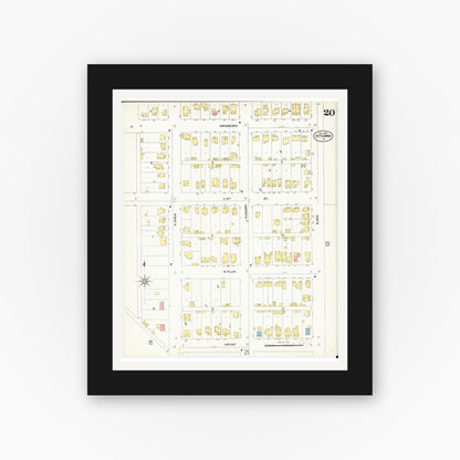 Old map wall art mockup — black gallery frame with white mat — Sanborn Fire Insurance Map from Ottumwa, Wapello County, Iowa (1902), Sheet #0020