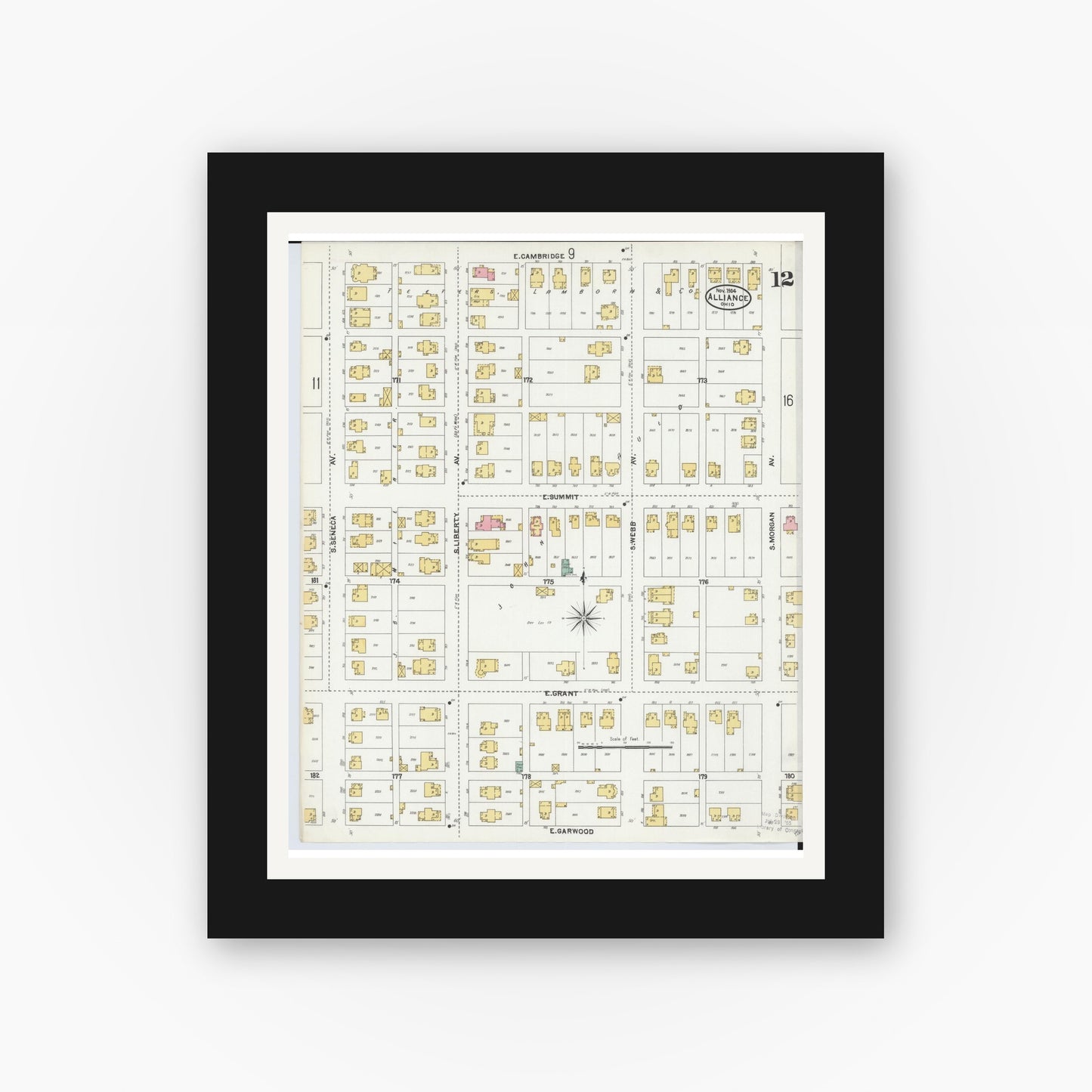 Old map wall art mockup — black gallery frame with white mat — Sanborn Fire Insurance Map from Alliance, Stark County, Ohio (1904), Sheet #0012
